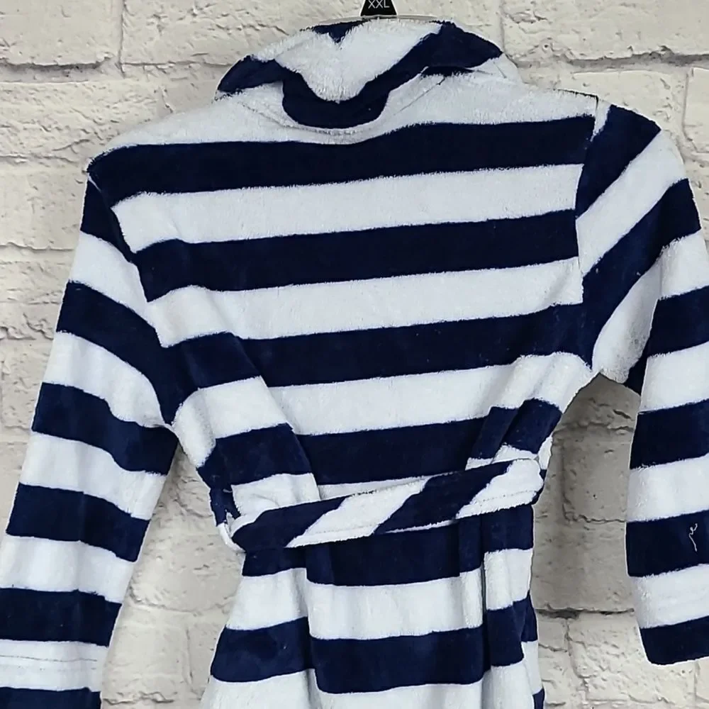 Navy Blue Stripe Bathrobe Kids S 6/7 Faux Fur Fleece Sleepwear Robe Plush Lounge